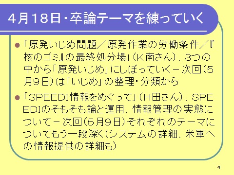 ４月１８日・４年ゼミ－卒論テーマ／いじめ、ＳＰＥＥＤＩ、水素、再生